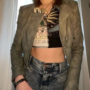 grey leather jacket, zipper pockets, size s